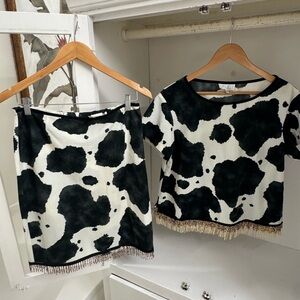 Vintage Black & White Cow Print Top & Skirt Set with beaded fringe from France